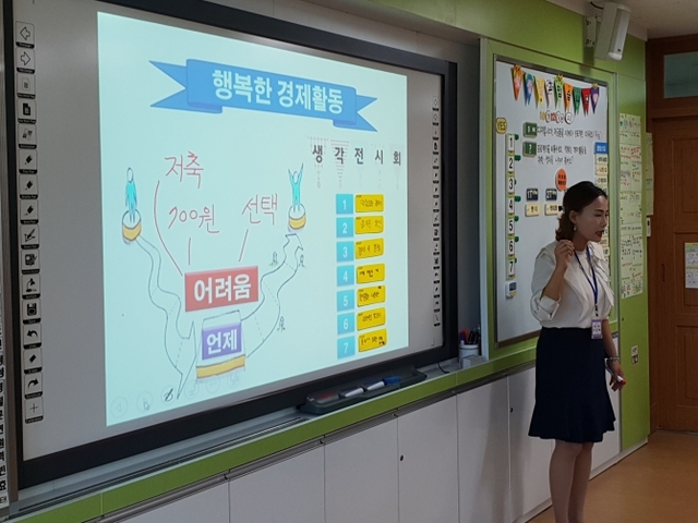 경남 관동초등학교 구은복 교사가 개발한 ‘4-T생각망·4-W생각망’ 프로그램으로 수업 중인 교실. (제공: 관동초등학교)