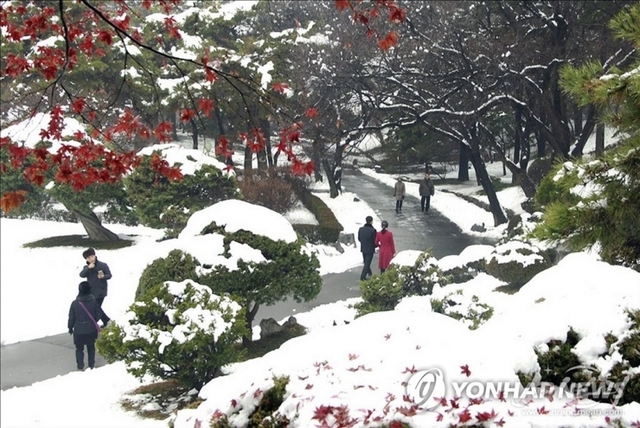 (서울=연합뉴스) 북한 평양에 24일 첫눈이 내렸다고 대외 선전용 웹사이트 '메아리'가 25일 전했다. 사진은 흰 눈으로 덮인 평양 모란봉과 산책길을 걷는 평양 시민들의 모습.