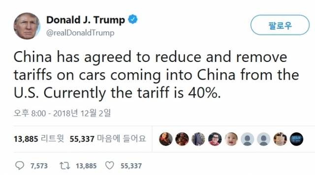 2일(현지시간) 미국 도널드 트럼프 대통령은 자신의 트위터에서 “중국은 미국에서 중국으로 들어오는 자동차에 대한 관세를 인하하고 철폐하기로 동의했다. 현재 관세는 40%이다”라고 밝혔다. (출처: 도널드 트럼프 미국 대통령 트위터)