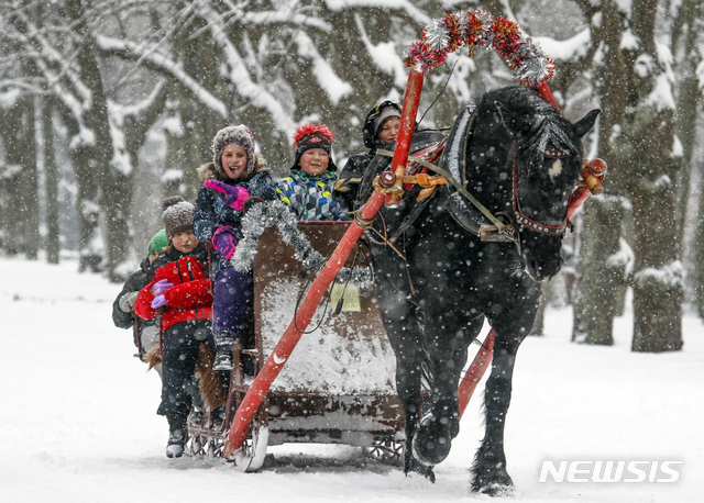 23일(현지시간) 러시아 상트페테르부르크 외곽 파블로프스크 한 공원에서 어린이들이 말이 끄는 썰매를 타며 즐거운 성탄 분위기를 만끽하고 있다. (출처: 뉴시스)