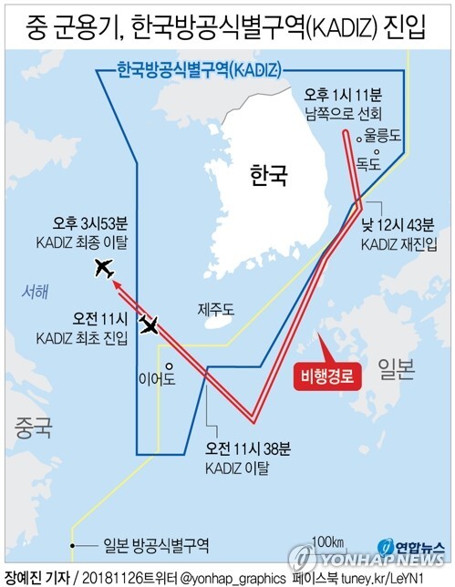 중국 군용기 한국방공식별구역(KADIZ) 침입 (출처: 연합뉴스) 2018.11.27
