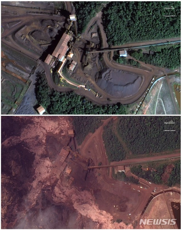 【브루마디뉴=AP/뉴시스】27일(현지시간) 두 장의 위성 사진이 브라질 남서부 브루마디뉴의 철광 폐기물 저장 댐 붕괴 전과 후의 피해 현장을 보여주고 있다. 현지 관계자는 일시 중단했던 생존자 수색 작업을 재개했으며 사망자 수가 58명, 실종자는 300명이 넘는다고 밝혔다.
