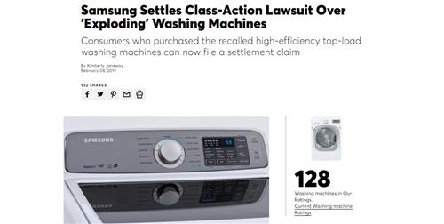 삼성전자가 미국에서 세탁기 불량 집단소송과 관련해 추가 보상 및 수리를 하는 방향으로 잠정 합의한 것으로 전해졌다. (출처: 컨슈머리포트 홈페이지)