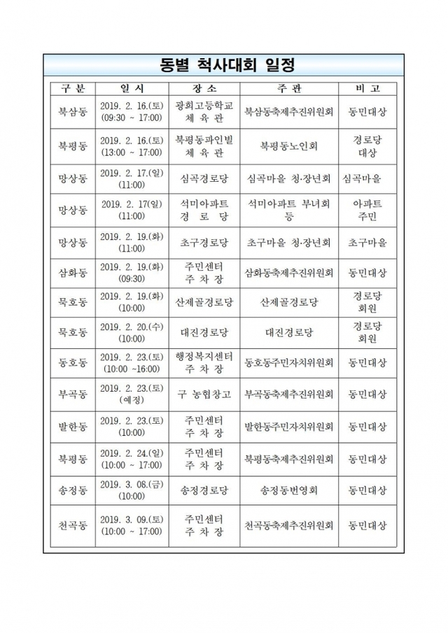 마을단위 동민화합을 위한 고유 민속놀이 척사대회 일정.(제공: 동해시)ⓒ천지일보 2019.2.15