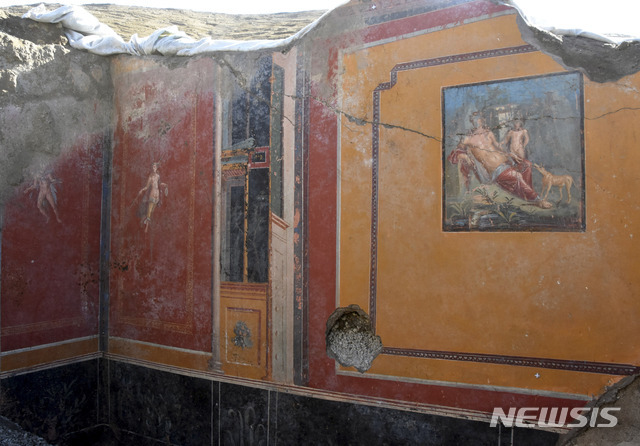 이탈리아의 고대 로마 유적지 폼페이에서 신화 속 인물 나르키소스의 모습을 묘사한 벽화가 발굴됐다. 사진은 14일(현지시간) 폼페이 유적공원 측이 공개한 것이다. (출처: 뉴시스) 