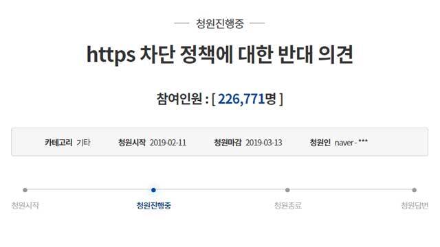 해외 불법 인터넷 사이트 차단에 반대하는 청와대 국민 청원. (출처: 청와대 국민청원 홈페이지)