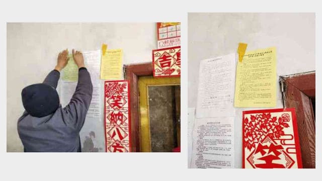 종교를 배척하라고 주민을 선동하는 내용이 담긴 전단지를 붙이는 마을 주민 (출처: 비터원터)