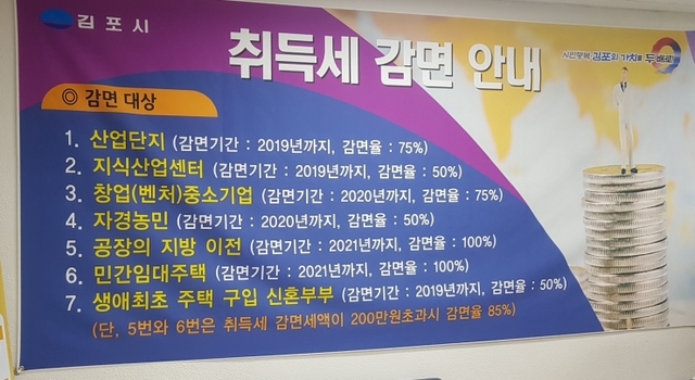 김포시 세정과 취득세감면 대형현수막. (제공: 김포시) ⓒ천지일보 2019.3.18