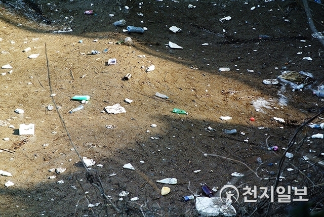 [천지일보 진주=최혜인 기자] 세계 물의 날 주간을 맞은 지난 18일 진양호 남강댐 본류 방향 수문 안쪽에 각종 페트병과 스티로폼, 일회용품 등 초목과 뒤섞인 쓰레기 더미가 수면을 덮고 있다. ⓒ천지일보 2019.3.23