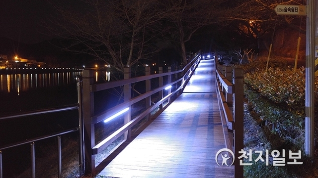 금호지 산책로에 조명 미설치구간인 문산 방향 도로변 340m 구간에 LED 공원 조명등이 길을 비추고 있다. (제공: 진주시) ⓒ천지일보 2019.3.27