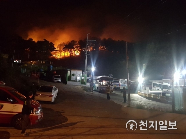 0시 10분께 세 번째로 발생한 부산 해운대구 운봉산 산불 모습. (제공: 부산경찰청) ⓒ천지일보 2019.4.5