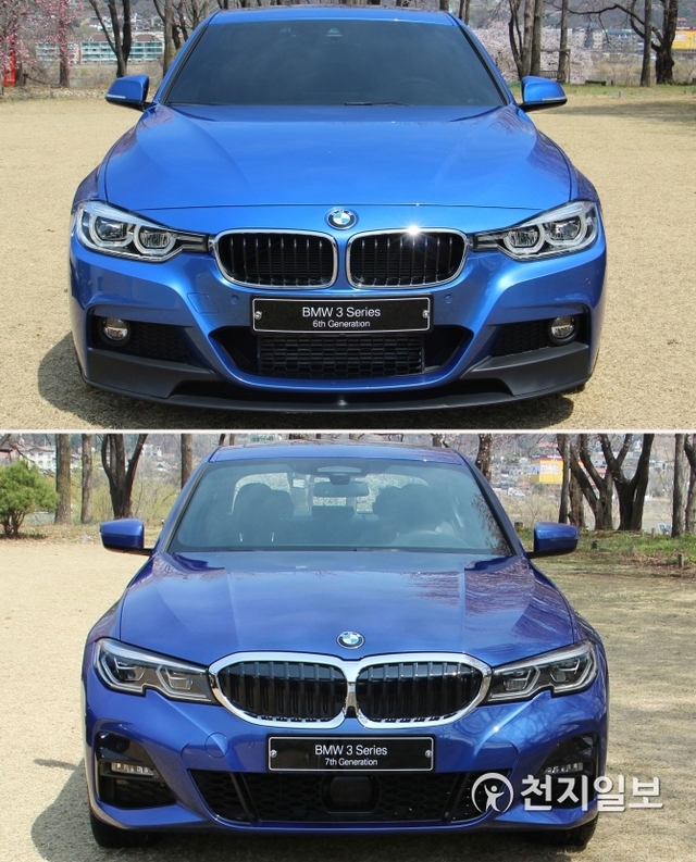 6세대 BMW 3시리즈(위쪽) 정면 모습과 7년 만에 풀체인지(완전변경)된 7세대 BMW 3시리즈 정면 모습. ⓒ천지일보 2019.4.11