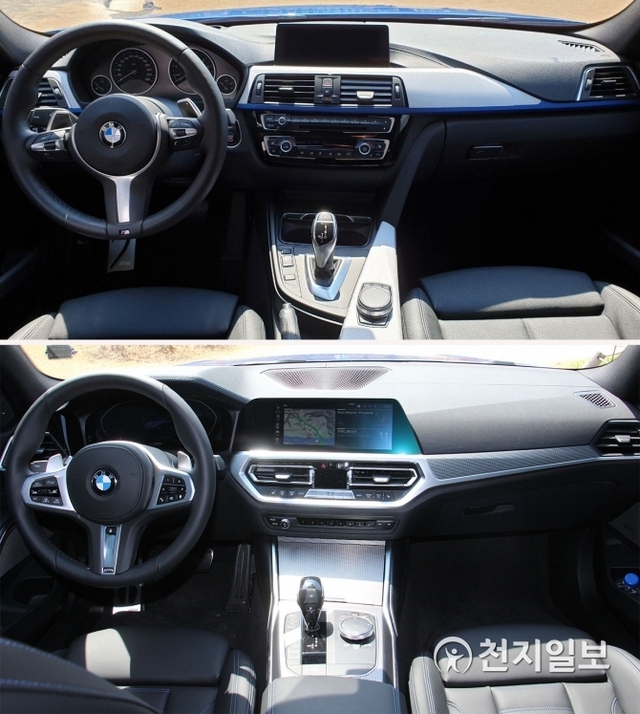 6세대 BMW 3시리즈(위쪽) 실내 모습과 7년 만에 풀체인지(완전변경)된 7세대 BMW 3시리즈 실내 모습. ⓒ천지일보 2019.4.11