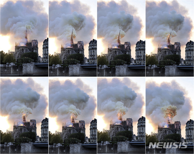 15일(현지시간) 프랑스 파리의 노트르담 대성당에 발생한 화재로 첨탑이 무너지는 현장을 8장의 사진으로 보여주고 있다. (출처: 뉴시스)