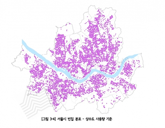 2018년 6월 상수도 사용량 기준 서울시 빈집 분포. (출처: 서울연구원)