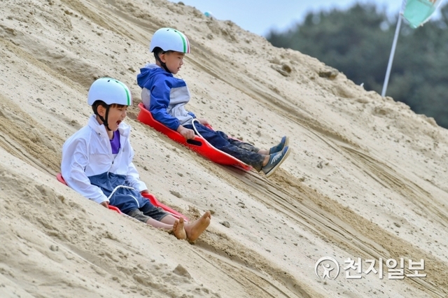 지난해 모래축제에 참가한 어린이들이 샌드 보드를 타고 있다. (제공: 부산 해운대구) ⓒ천지일보 2019.5.12