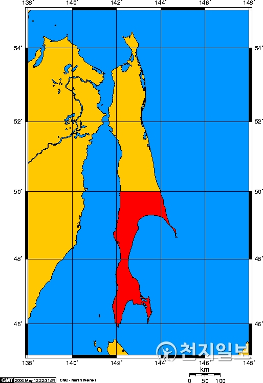 1905~1945년 러일전쟁 후 해방 시까지 일본이 분단 점령한 사할린 지도(빨간색 부분이 일본령) ⓒ천지일보 2019.6.7