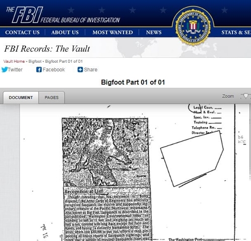 FBI가 공개한 '사스콰치 파일' (출처: FBI 홈페이지)