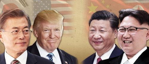 (왼쪽부터) 문재인 대통령, 도널드 트럼프 미국 대통령, 시진핑 중국 국가주석, 김정은 북한 노동당 국무위원장 (출처: 연합뉴스)