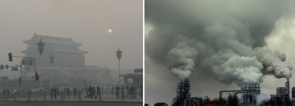 중국의 스모그 현상과 중국의 한 공장에서 뿜어져 나오는 연기 모습 (출처: 바이두)