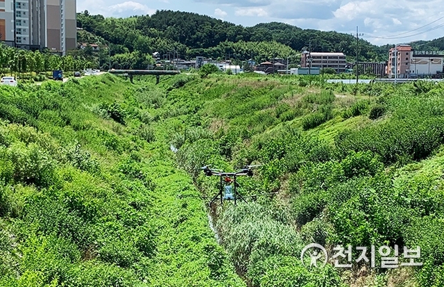 초장동 해모르아파트 인근 드론방역 모습. (제공: 진주시) ⓒ천지일보 2019.7.16