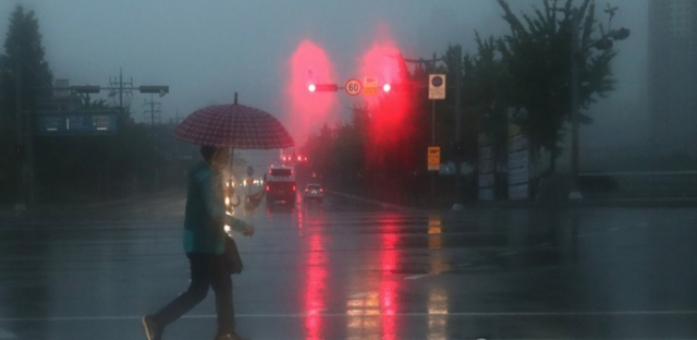 (창원=연합뉴스) 장마전선과 북상하는 태풍 다나스의 영향을 받는 19일 오전 우산을 쓴 한 시민이 경남 창원시 의창구의 한 횡단보도를 건너고 있다.