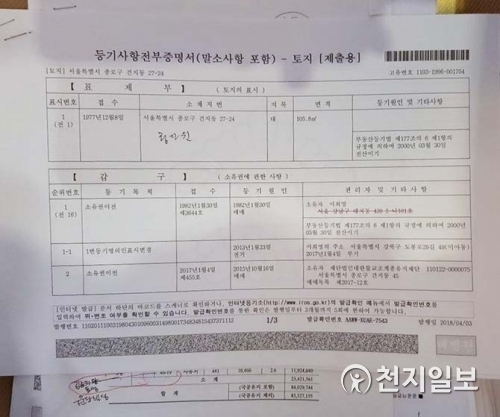 청다원 같은 경우 아직 계약기간이 남아있다. 사진은 등기사항전부증명서-토지. ⓒ천지일보 2019.7.25
