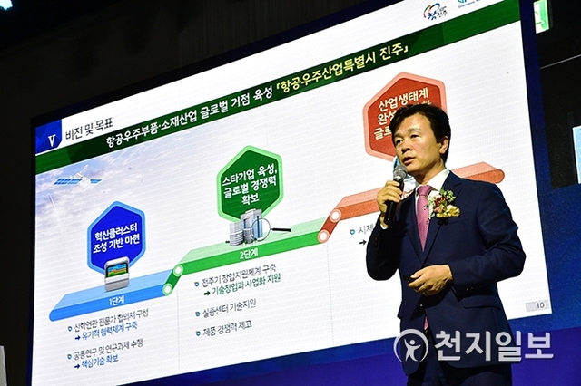 경남도가 지난달 31일 창원에서 강소연구개발특구 비전선포식을 개최한 가운데 조규일 진주시장이 이날 강소특구 비전을 발표하고 있다. (제공: 진주시) ⓒ천지일보 2019.8.1