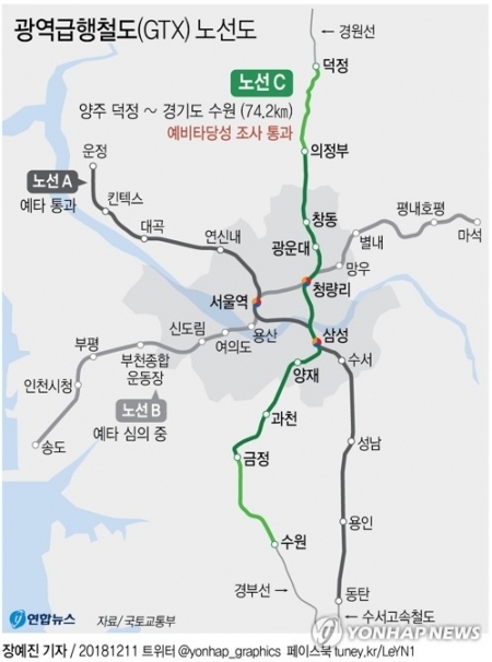 광역급행철도(GTX) 노선도. (출처: 연합뉴스)
