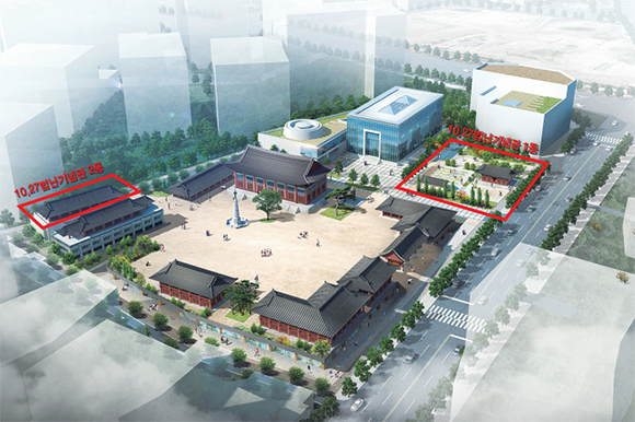 조계종 총본산 성역화 조감도(10.27법난기념관, 견지동 역사문화관광자원). 기념관 2동(서울시 종로구 수성동) 부지 내에 김종 전 차관 친동생 소유의 건물이 있다. (제공: 대한불교조계종)