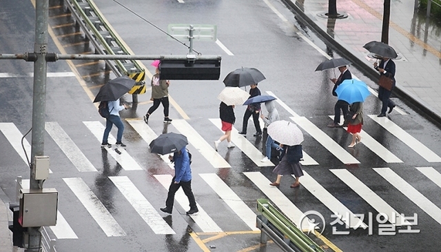 시민들이 우산을 쓰고 횡단보도를 건너는 모습 ⓒ천지일보DB