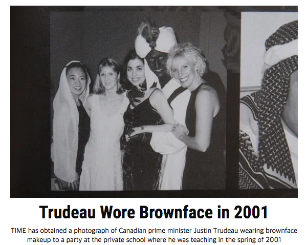 미국의 시사주간지 ‘타임’은 18일(현지시간) 쥐스탱 트뤼도 캐나다 총리가 정계 입문 전 교사로 일하던 2001년 한 파티에서 얼굴을 갈색으로 칠하고 아랍인처럼 꾸민 사진을 공개했다. (출처: 타임 홈페이지)