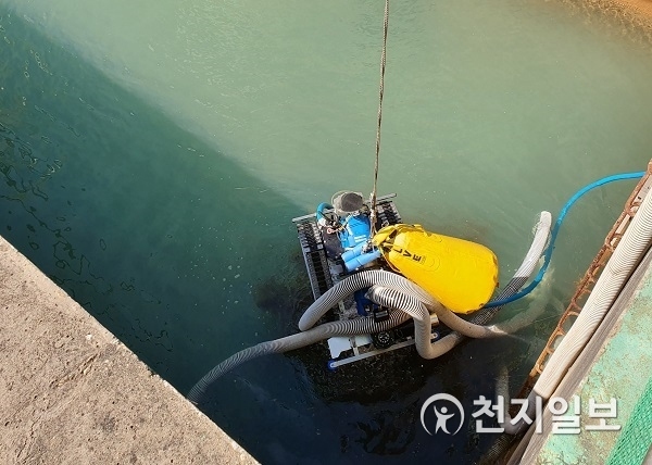수중청소로봇이 당진화력본부 폐수조에서 슬러지를 청소하고 있다. (제공: 한국동서발전) ⓒ천지일보 2019.9.19