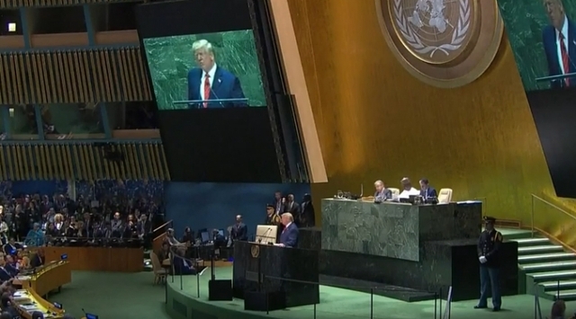 24일 오전 11시경(현지시간, 한국시간 24일 밤 11시경) 도널드 트럼프 미국 대통령이 미국 뉴욕 유엔총회에서 기조연설을 하고 있다. (출처: UN 영상 캡처) 2019.9.25
