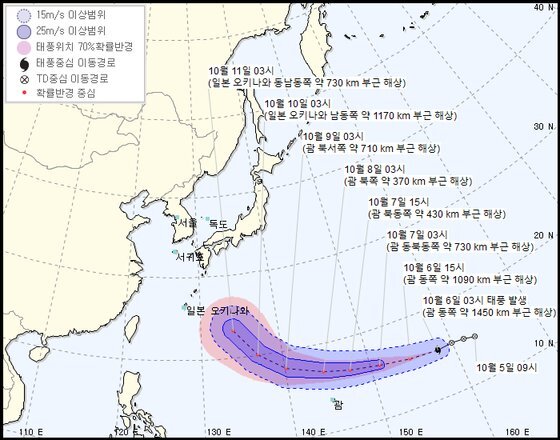 제19호 태풍 하기비스의 예상경로 (출처: 기상청 홈페이지)