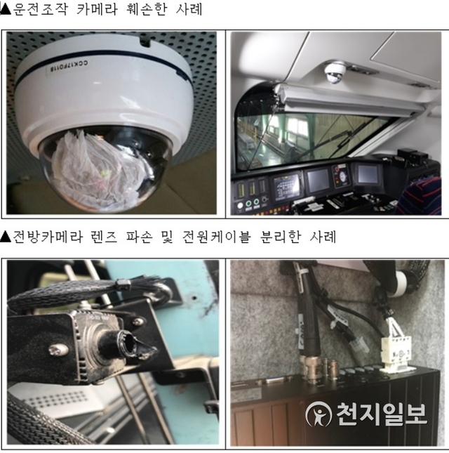 코레일에서 제출한 영상장치 훼손 사례 사진(위쪽)과 전방카메라 렌즈 파손 및 전원케이블 분리한 사례. (제공: 박재호 의원실) ⓒ천지일보 2019.10.7
