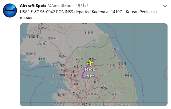 군용기 모니터링 트위터 ‘에어크래프트 스폿(@AircraftSpots)’에 미국 공군의 정찰기 ‘E-8C 조인트 스타즈(J-STARS)’가 서울 등 수도권 상공을 비행한 궤적을 공개했다. (출처: @AircraftSpots) 2019.10.12