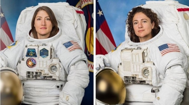 미국의 여성 우주인 코흐(왼쪽)와 메이어(오른쪽)가 고장난 국제우주정거장(ISS) 배터리 부품을 교체하기 위해 우주유영에 성공했다(출처: NASA 제공)