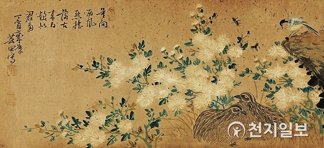 운전 허민 화백 ‘메추라기와 국화’ 작품 (1956년, 한지에 수묵담채) ⓒ천지일보 2019.11.12