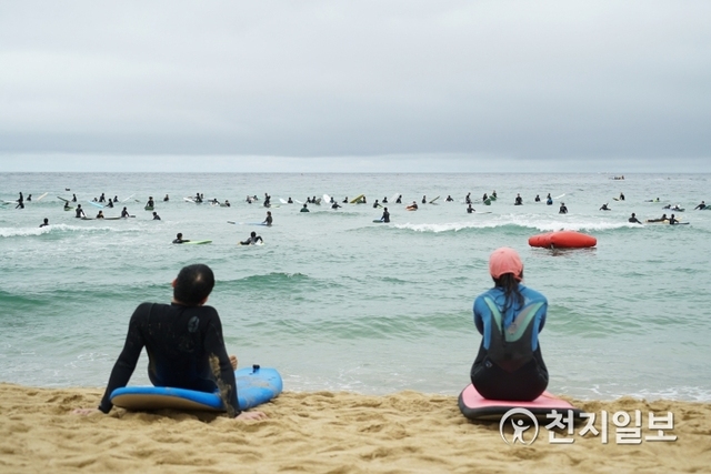 강원 양양군 해변에서 서핑을 즐기고 있는 모습 (제공: 양양군) ⓒ천지일보 2019.11.13