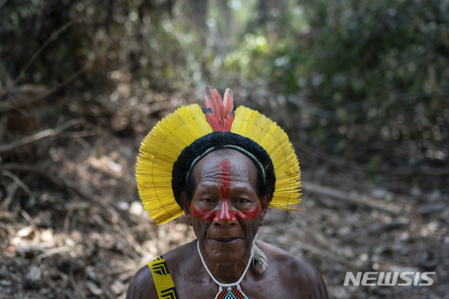 크리메이 마을의 추장 카디지레 카야포가 브라질 파라주 알타미라의 세라 도 카심보 생물 보호구역에서 불법 벌목업자들이 낸 길을 따라 걸으며 포즈를 취하고 있다(출처: 뉴시스)