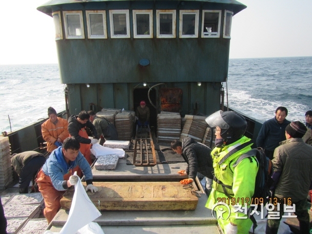 해양수산부 서해어업관리단(단장 김학기)이 지난 9일 중국 저인망어선 2척을 나포 후 어획물을 확인하고 있는 모습. (제공: 해양수산부 서해어업관리단) ⓒ천지일보 2019.12.14