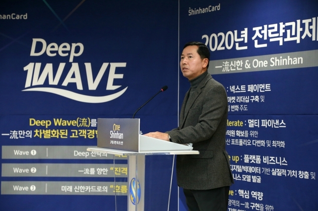 신한카드가 2일 서울 중구 을지로에 위치한 신한카드 본사 강당에서 시무식을 개최한 가운데 임영진 사장이 '일류 신한카드' 달성을 위한 2020년 전략방향을 '딥 웨이브(Deep 1WAVE)'로 설정했다고 신년사를 발표하고 있다. (제공: 신한카드)
