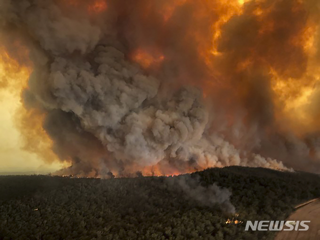호주 남부 베언즈데일의 산에서 불길이 솟구치고 있다. CNN은 큰 불이 강풍을 타고 16㎞까지 솟구쳐 오르며 이동하는 '화염 토네이도'로 호주 산불 사태가 더욱 위협적으로 변했다고 보도했다. (출처: 뉴시스)