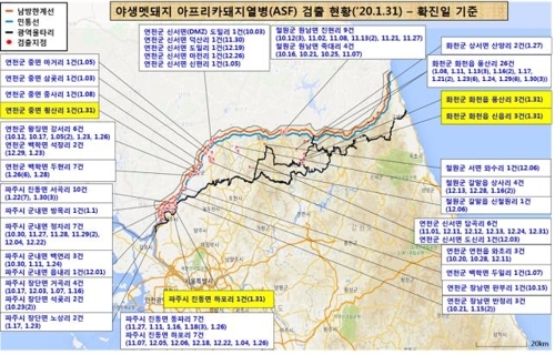 야생멧돼지 ASF 검출 현황(1월 31일 기준). (출처: 연합뉴스)