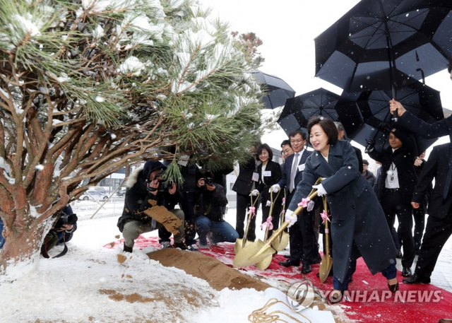 추미애 법무부 장관이 17일 전북 전주지검에서 열린 신청사 준공식을 마치고 식수를 하고 있다. 2020.2.17 (출처: 연합뉴스)