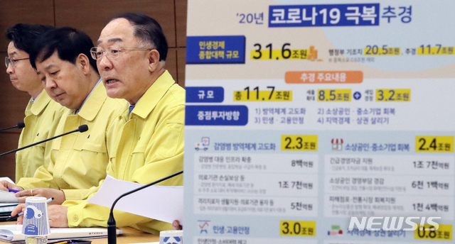 홍남기 부총리 겸 기획재정부 장관이 2일 오후 정부세종청사에서 코로나19 극복 추가경정예산안을 발표하고 있다. (출처: 뉴시스)