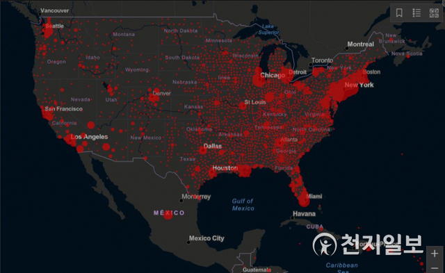 8일 오전 미국 존스홉킨스 코로나맵에서 보여주고 있는 미국 전역 코로나19 감염 상황. (출처: 해당 사이트 화면캡처) ⓒ천지일보 2020.4.8