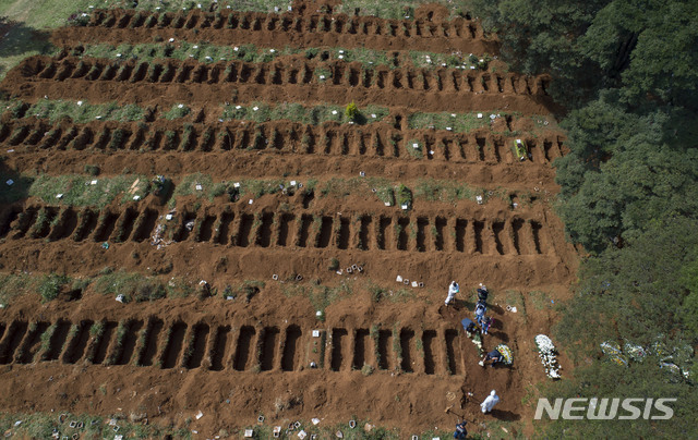 지난달 1일(현지시간) 브라질 상파울루의 한 묘지에서 코로나19로 가족을 잃은 가족들이 애도하고 있다. (출처: 뉴시스)