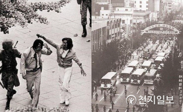 (왼쪽) 1980년 5.18민중항쟁 당시 젊은 남녀가 금남로2가를 지나다 공수부대가 휘두른 곤봉에 머리를 맞아 피흘린 채 끌려가고 있다. (오른쪽) 1980년 5월 19일 오후 7시경 무등경기장을 출발한 200여대의 차량시위. 계엄군의 만행을 가장 가까운 곳에서 목격한 운전기사들의 용기 있는 행동으로 5월 항쟁의 최대 전환점을 가져왔다. (제공: 광주 5.18기념재단) ⓒ천지일보 2020.5.14